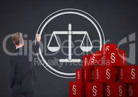 3D Section symbol icons and businessman drawing justice balance scales