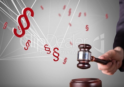 3D Section symbol icons and judge banging gavel for justice