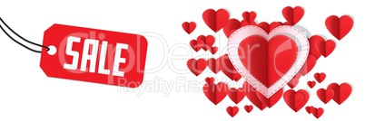 Sale text and Paper Valentines hearts