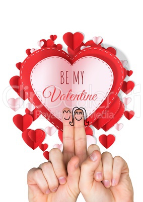 Valentine's fingers love couple and Be my Valentine text and Paper Valentines hearts in circle shape