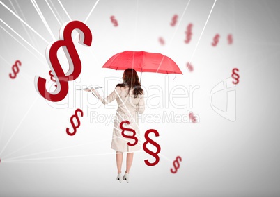 3D Section symbol icons and woman holding open book and umbrella