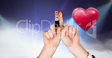 Valentine's fingers love couple and Shiny heart glowing with purple misty lights flares background