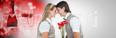 Valentines couple holding roses with love champagne background