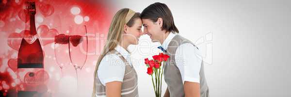 Valentines couple holding roses with love champagne background
