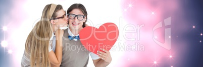 Valentines couple holding heart and love hearts background