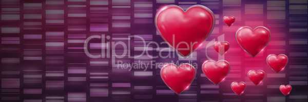 Shiny bubbly Valentines hearts with rectangles purple background