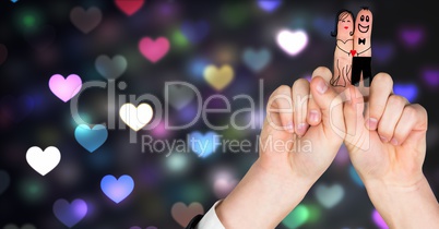 Valentine's fingers love couple and colorful bokeh heart lights glowing
