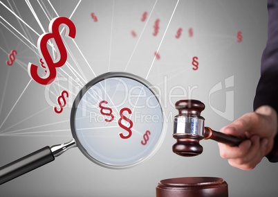 3D Magnifying glass over court gavel with section symbol icons