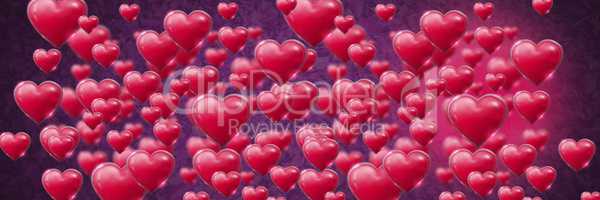 Shiny bubbly Valentines hearts with leaves purple background