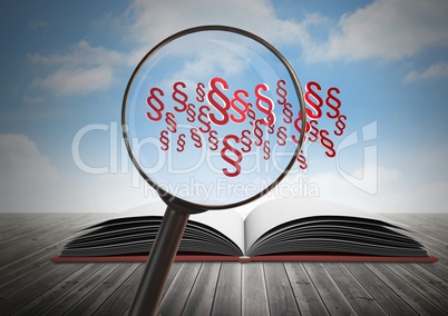 3D Magnifying glass over book with section symbol icons