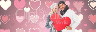 Valentines couple holding heart and love hearts background