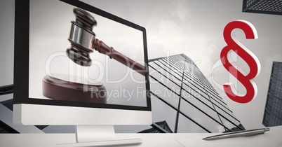 3D Section symbol icon and justice gavel on computer screen