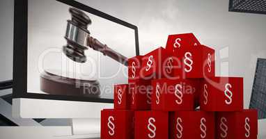 3D Section symbol icons and justice gavel on computer screen