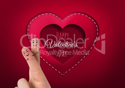 Valentine's fingers love couple and Happy Valentine's Day text and Stitched Valentines Heart