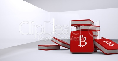 3D Bitcoin icons on floor in room