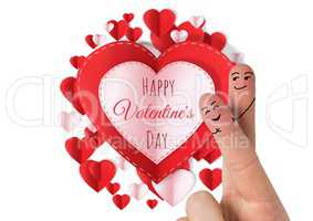 Valentine's fingers love couple and Happy Valentine's Day text and Paper Valentines hearts in circle