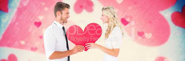 Valentines couple holding heart and love hearts background