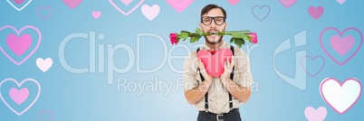 Valentines man with rose holding heart with love hearts background