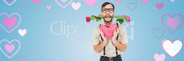 Valentines man with rose holding heart with love hearts background