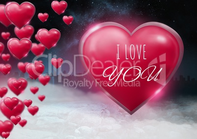 I Love You text and Shiny bubbly Valentines hearts with city misty background