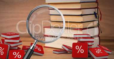3D Magnifying glass over books with percent symbol icons