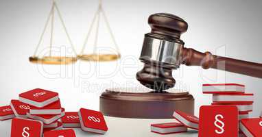 3D Section symbol icons and justice gavel with balance scales