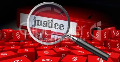3D Magnifying glass over justice folder with section symbol icons