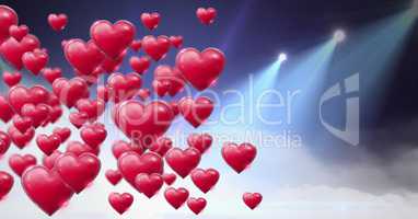 Shiny bubbly Valentines hearts with purple misty lights flares background