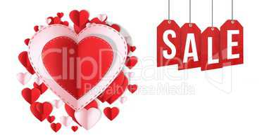 Sale text and Paper Valentines hearts in circle shape with text box