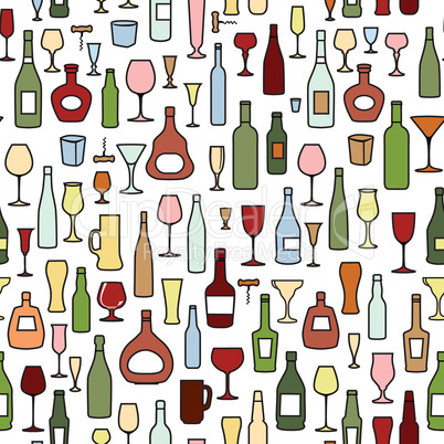 Wine bottle, wine glass tile pattern. Drink wine party background