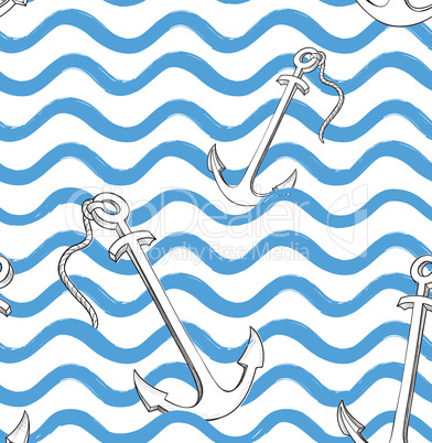 Ocean wave seamless pattern with anchor. Stylish marine water ba