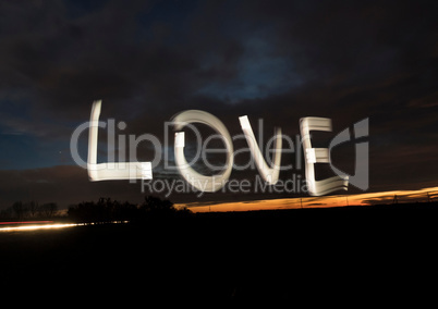 Love word light painting night sky