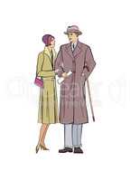 Couple outdoor. Man and woman in outerwear dress in vintage styl
