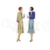 Two women conversation on party. Retro dress in vintage style 19