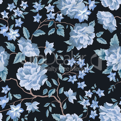 Floral seamless pattern. Flower rose black background. Flourish