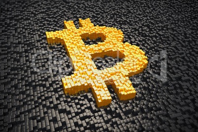 3d render - pixelated bitcoin symbol made from cubes - gold