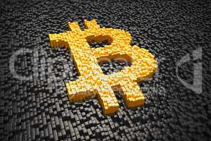 3d render - pixelated bitcoin symbol made from cubes - gold