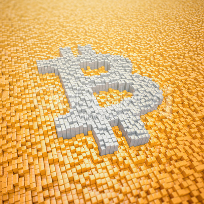 3d render - pixelated bitcoin symbol made from cubes - orange