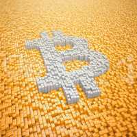 3d render - pixelated bitcoin symbol made from cubes - orange