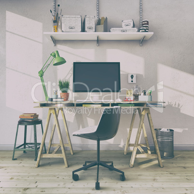 3d render - scandinavian nordic home office - retro look