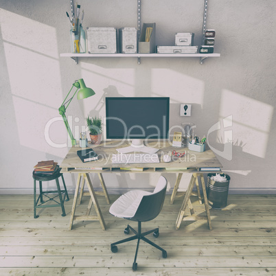 3d render - scandinavian nordic home office - retro look