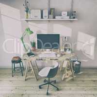 3d render - scandinavian nordic home office - retro look