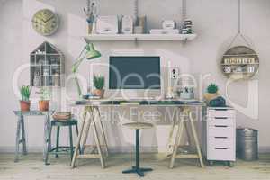 3d render - scandinavian nordic home office - retro look