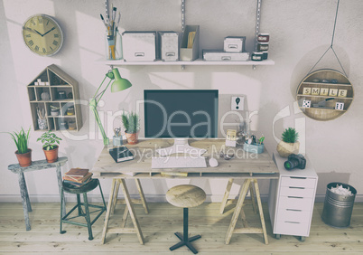 3d render - scandinavian nordic home office - retro look