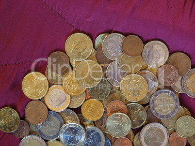 Euro coins, European Union over red velvet background