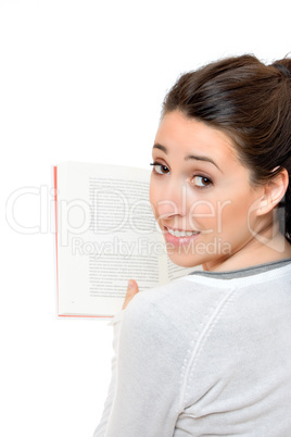 Beautiful woman smiling and reading a book