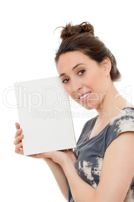 Beautiful woman with book on white background