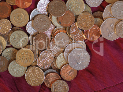 Pound coins, United Kingdom over red velvet background