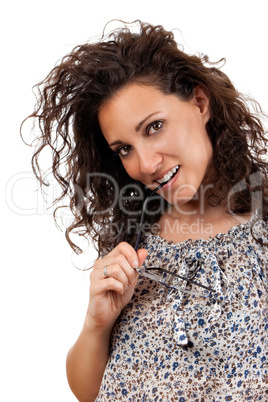 Beautiful young lady smiling on white background