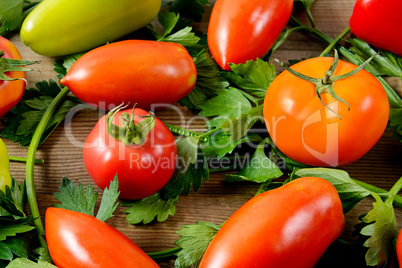 Tomatoes and celery on wooden background.